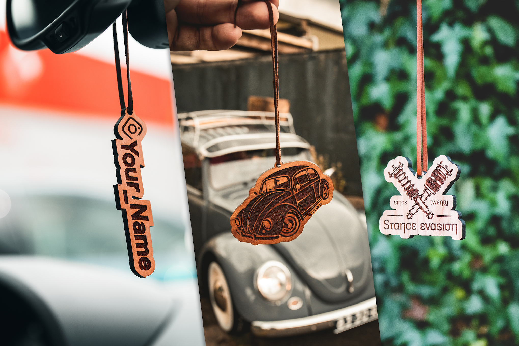 Custom made, re-centable, premium wooden air fresheners by Frshslabs!